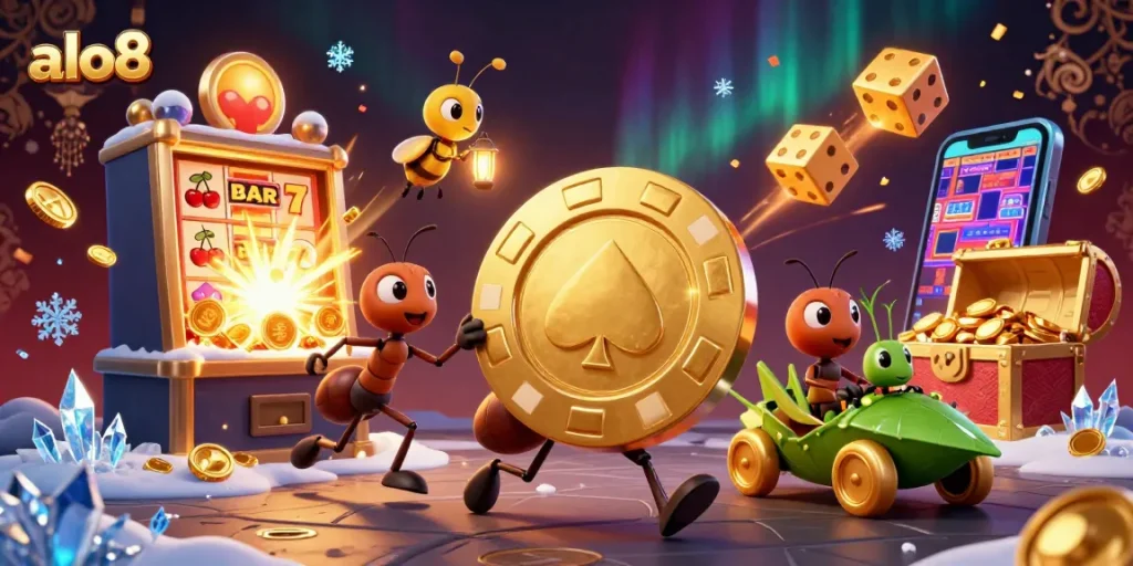 Experience thrilling gaming at alo8 with cartoon ants heisting a giant poker chip amidst vibrant casino elements.