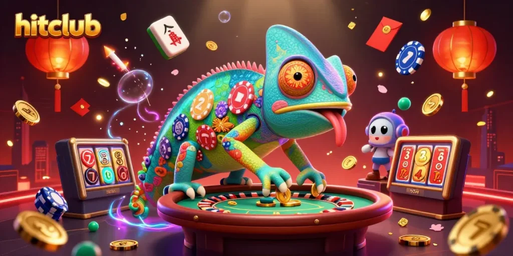Catch the excitement at hitclub with the vibrant 3D illustration of a chameleon casino owner surrounded by lively gaming elements.