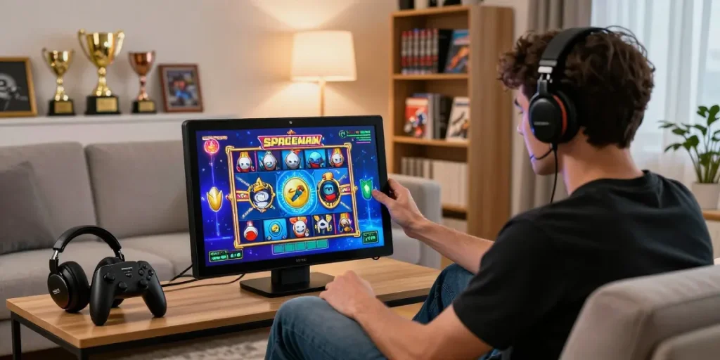 Pengalaman bermain kangtoto dengan Spaceman slot di ruang tamu modern yang penuh atmosfer.