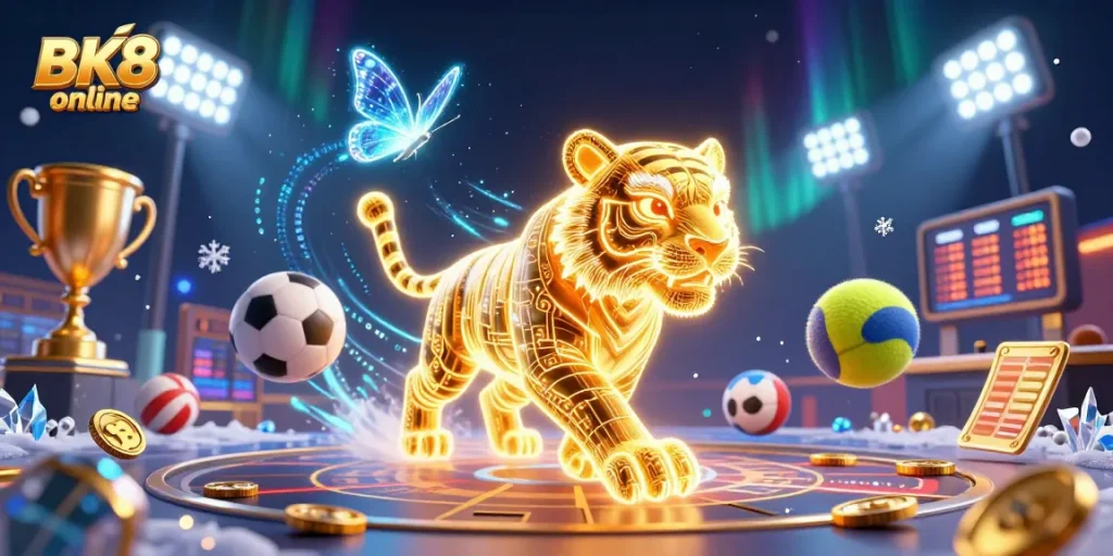 Experience BK8 online's dynamic gaming universe with a glowing tiger and sports elements in a vibrant casino.