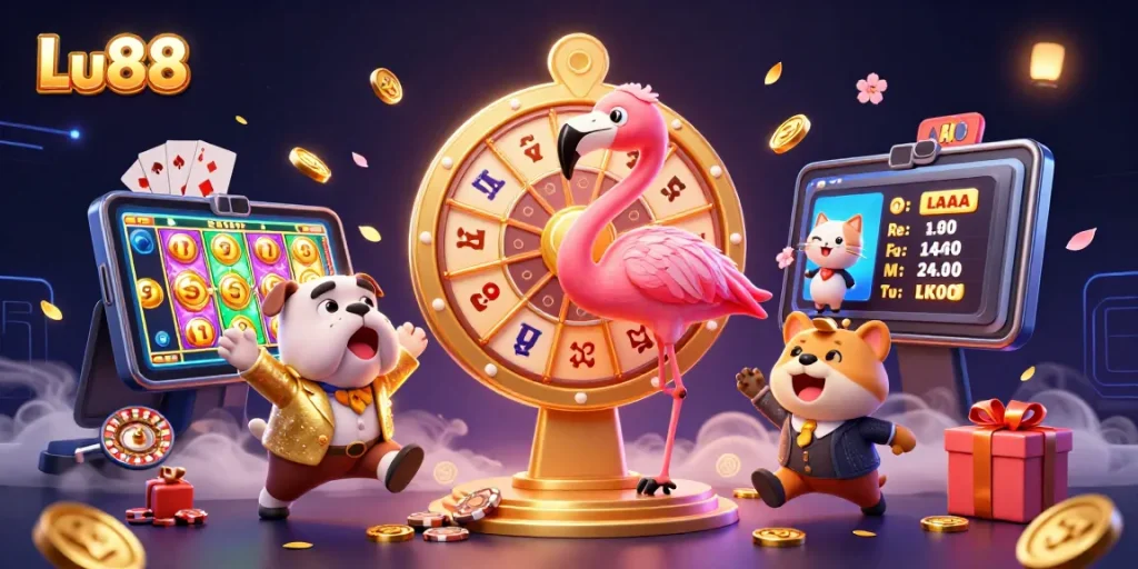 Lu88 offers exciting gambling experiences with a vibrant scene featuring a game show host and thrilling games.
