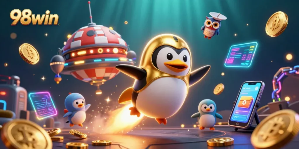 Win big with 98win’s vibrant gaming universe featuring a penguin and crypto elements.