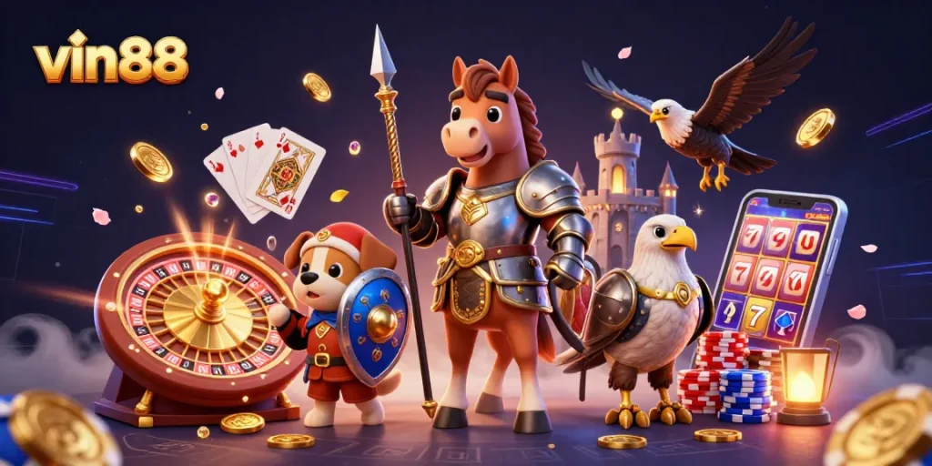 vin88 presents an enchanting casino illustration with knights, gold coins, and vibrant gaming elements.