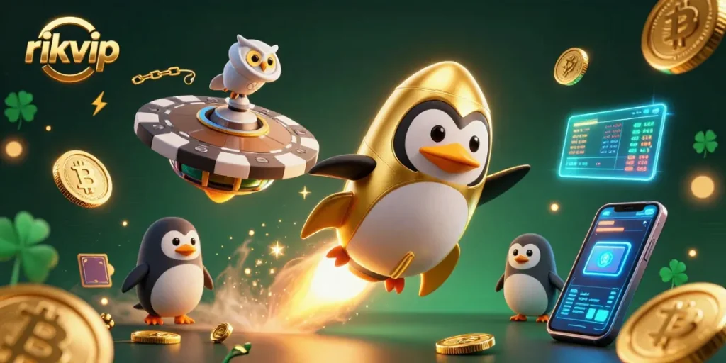 Experience winning with rikvip in a vibrant 3D casino scene featuring a penguin and crypto elements.