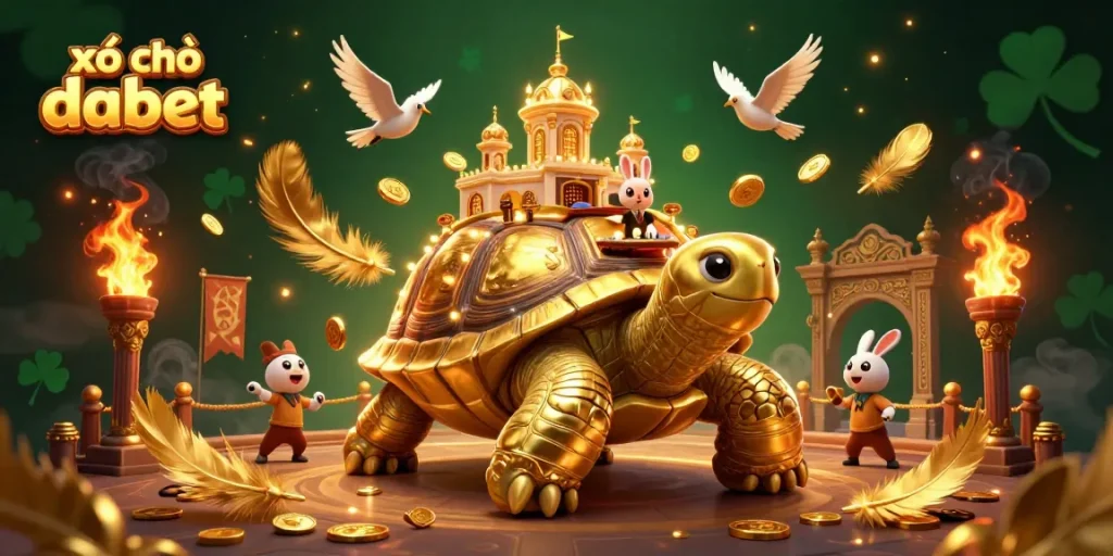 Engage in thrilling xổ số dabet with a vibrant 3D illustration featuring a golden tortoise casino and playful elements.