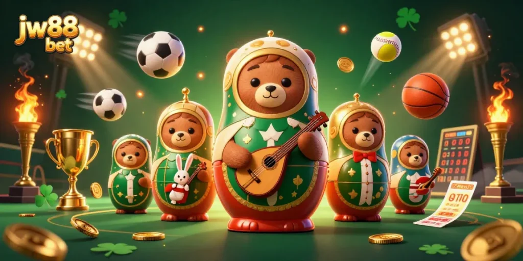 Experience the excitement of jw88 bet with dynamic casino-themed 3D illustration, featuring bears and sports elements.