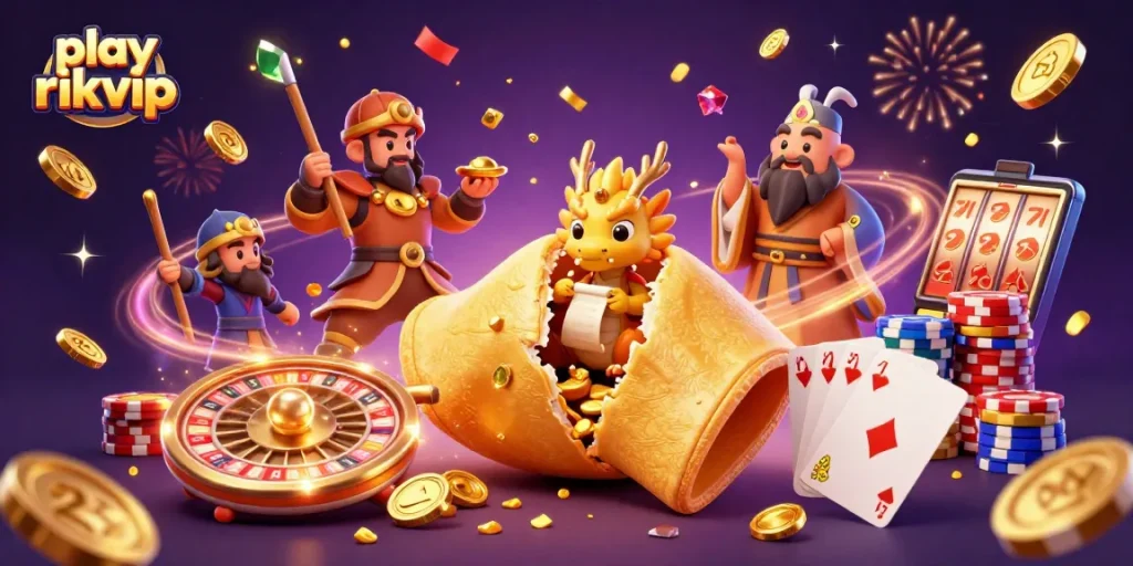 Play rikvip features vibrant 3D illustration of a fortune cookie, dragon, and casino elements.