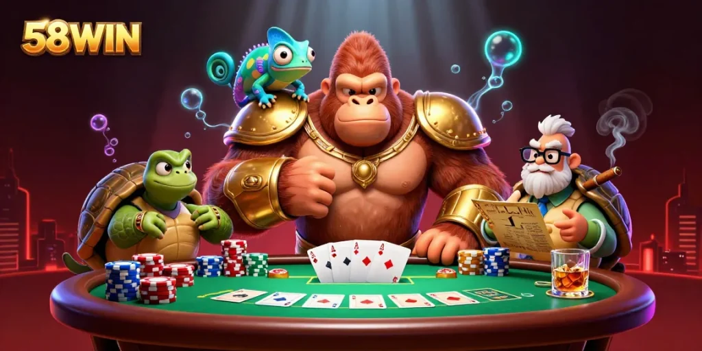 Immerse in the excitement of 58WIN's dynamic poker scene with colorful chips and characters.