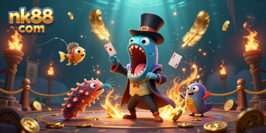 Engage with nk88 com's thrilling gambling scene featuring vibrant characters and casino elements.