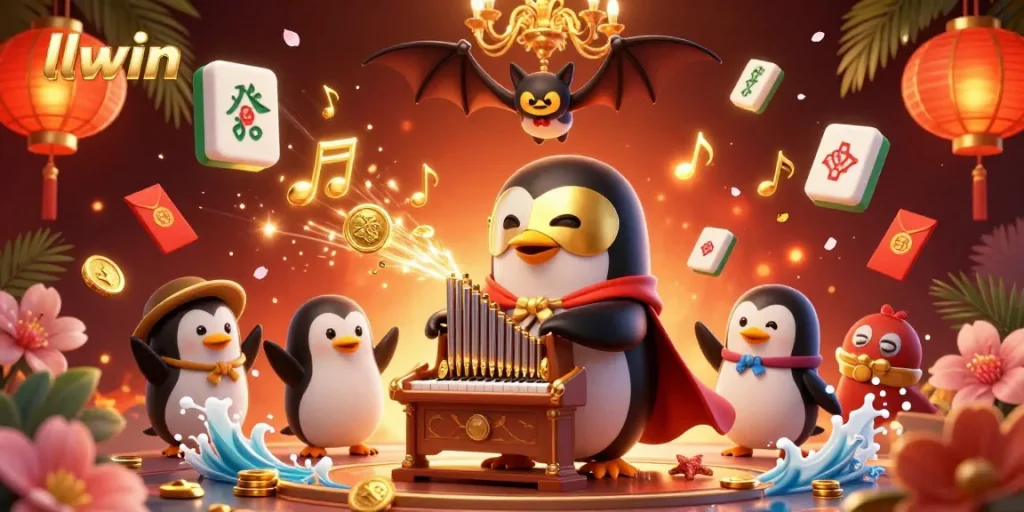 Experience thrilling wins at llwin with 3D cartoon penguin playing organ, surrounded by festive casino elements.