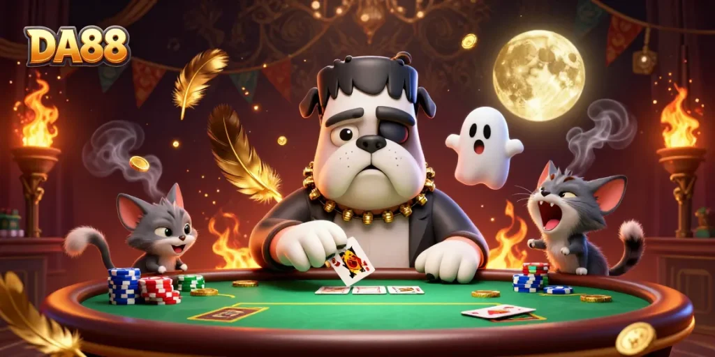 DA88 showcases a festive casino scene with a Frankenstein bulldog dealing cards and festive decorations.