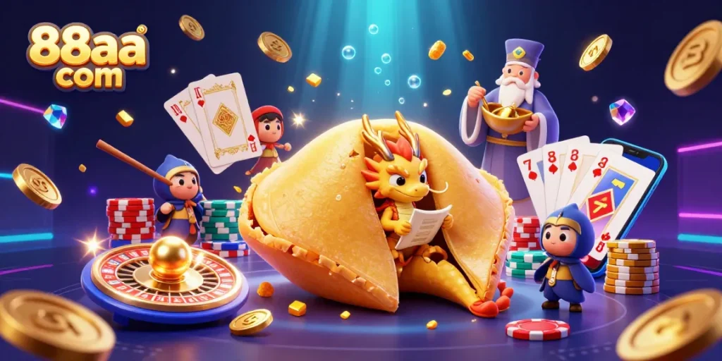 Experience the thrill of 88aa com with a vibrant 3D casino scene filled with golden treasures and exciting games.