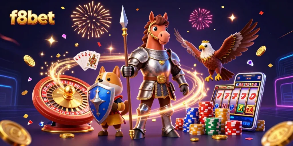 Win big at f8bet with this dynamic illustration of casino excitement featuring knights and gaming elements.