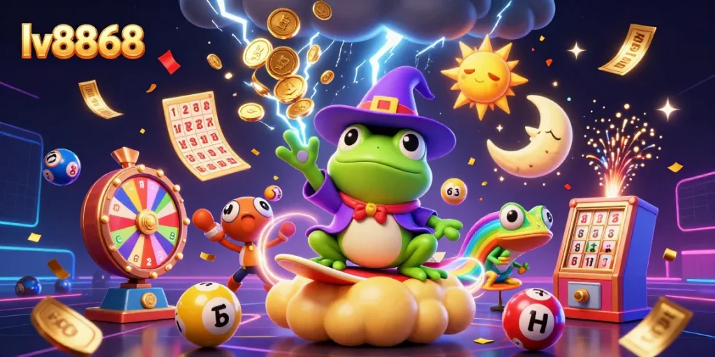 Experience exciting wins with lv8868's lively scene of a magical frog and chameleon in a casino
