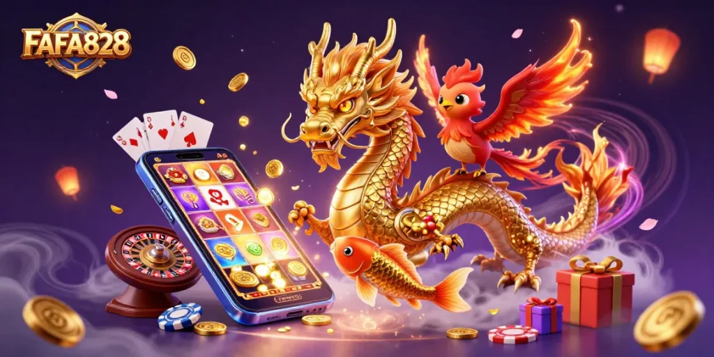 Experience FAFA828 with an energetic scene featuring a golden dragon, phoenix, and koi fish amidst vibrant casino elements.
