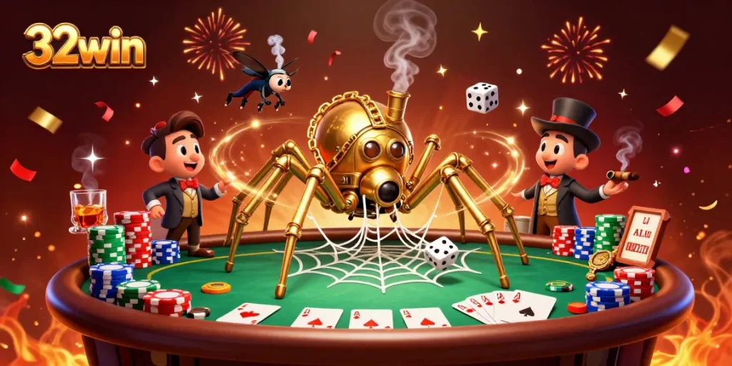 Experience the thrill of 32win with a steampunk spider capturing dice in a dazzling casino scene.