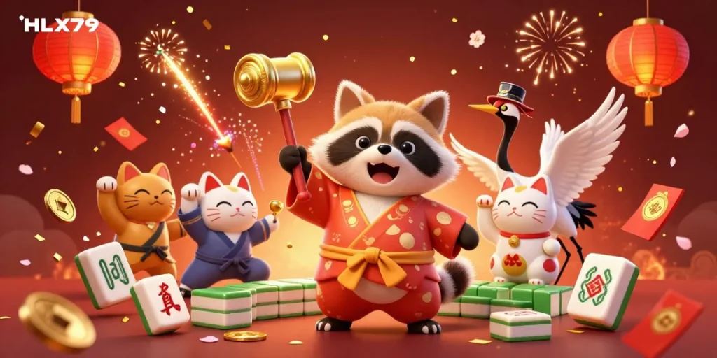 Experience thrilling online cockfighting with HLX79, featuring vibrant characters and dynamic casino elements.