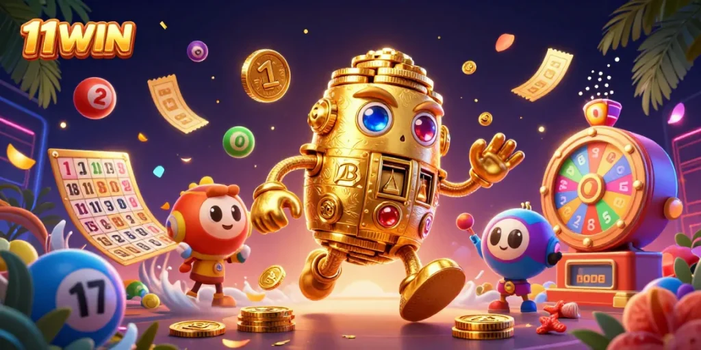 Get immersive with 11WIN and experience excitement as golden prizes and vibrant lottery balls explode around a 3D golem.