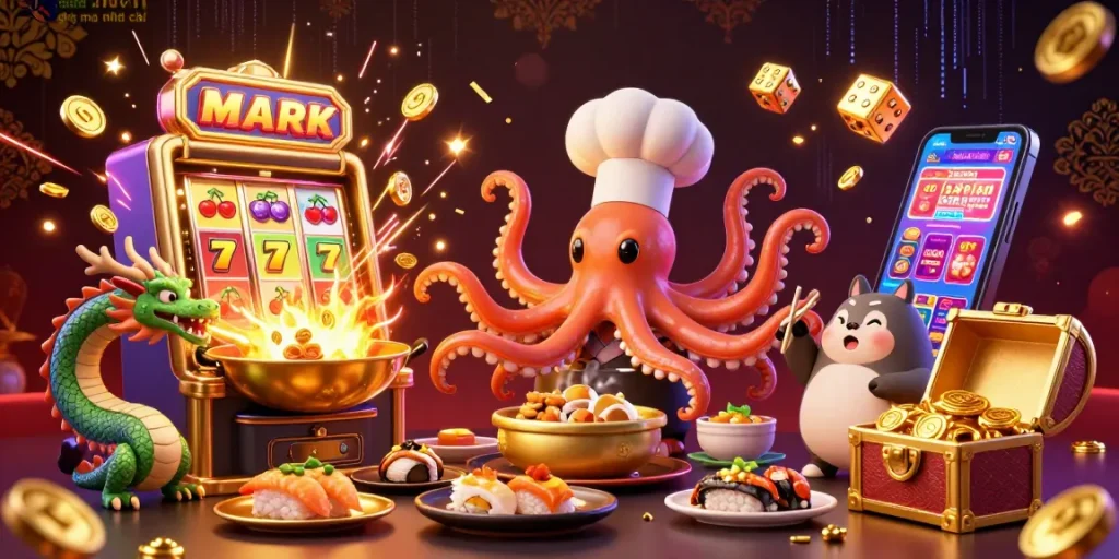 Win big at giải mã nhà cái with vibrant casino elements and characters celebrating a jackpot.