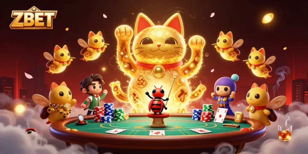 ZBET's lucky cat illustration amidst poker elements, showcasing vibrant gaming excitement