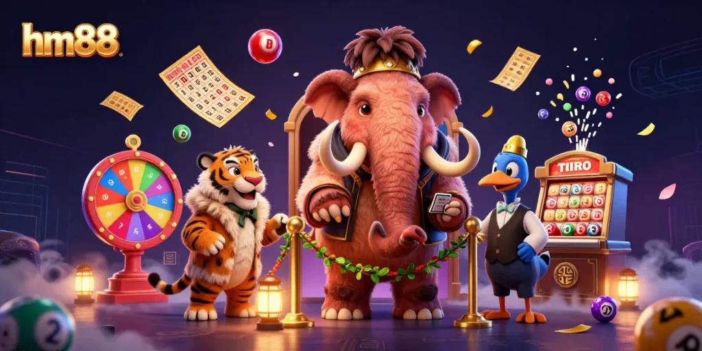 Experience vibrant gambling excitement at hm88 with lively characters in a casino scene featuring lottery elements.