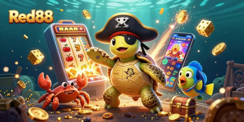 Win big with Red88 as the pirate turtle and friends float above treasures and casino magic.