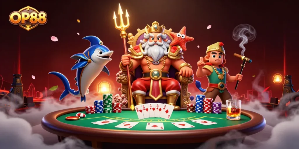 Experience the thrilling world of OP88 with Neptune, samurai, and poker at their vibrant table.
