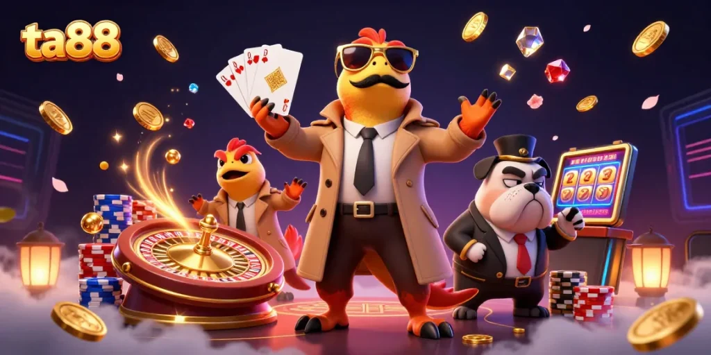 Enjoy thrilling experiences at ta88 with a vibrant casino scene featuring raptors and a bulldog bouncer.