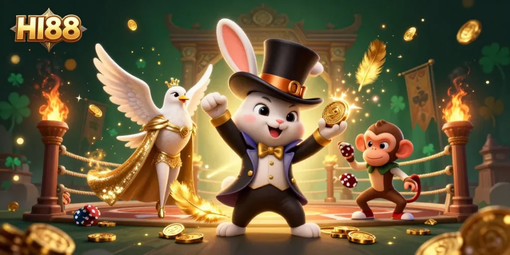 Experience HI88's thrilling casino world with a magician, dove, and monkey surrounded by vivid gameplay elements.