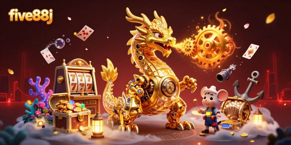 Experience the thrill of five88j with a golden dragon guarding slot treasures and vibrant casino elements.