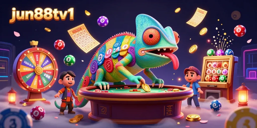 Experience the vibrant excitement of gaming with jun88tv1, featuring a colorful 3D chameleon casino owner amidst dynamic lottery elements.