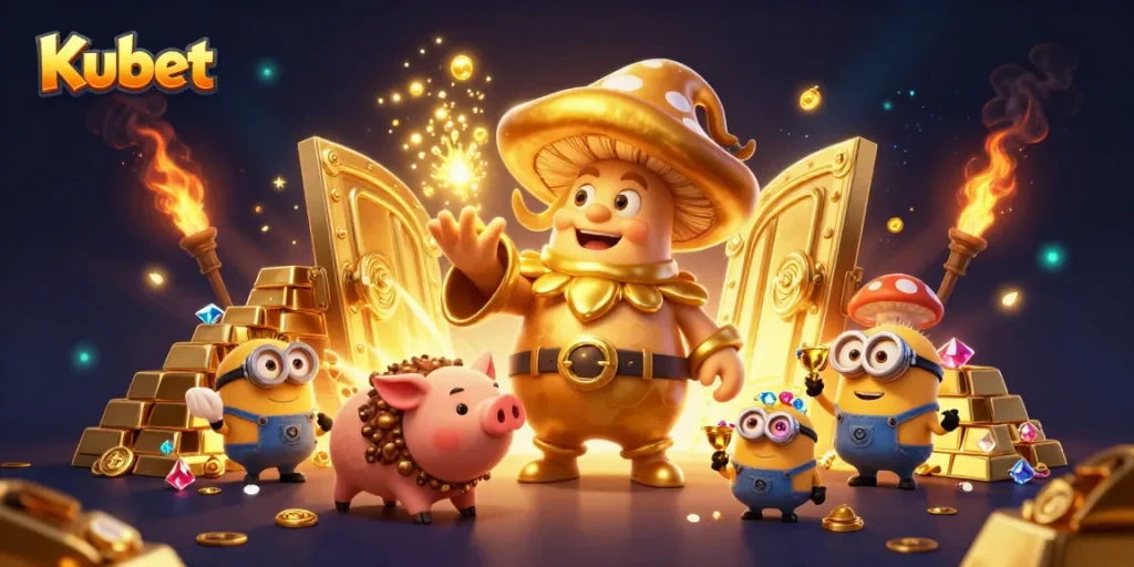 Kubet players winning treasures in a magical casino realm with gold and jewels scattered everywhere