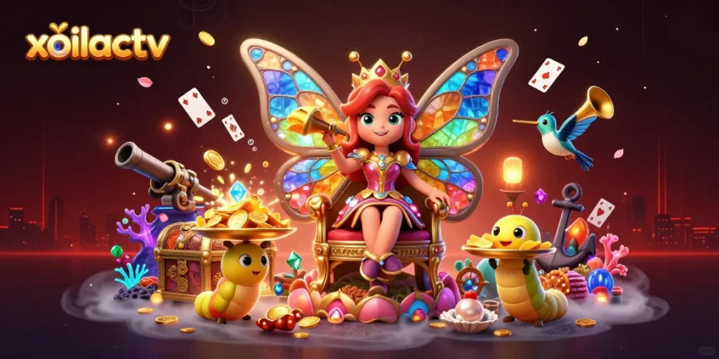 Xoilactv features a butterfly queen surrounded by vibrant casino elements and treasures.