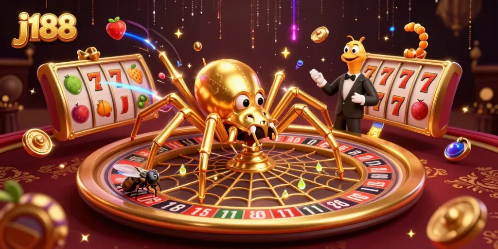 j188 showcases a 3D cartoon scene of a spider spinning a roulette web, highlighting exciting slots action.