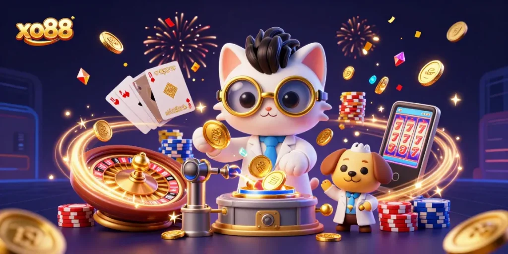 Watch the mad scientist cat and assistant dog create gold coins at xo88 casino amidst vibrant gaming elements.