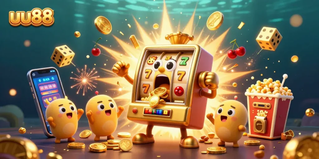 uu88 slot machine hits jackpot, surrounded by cheering baby slot machines and golden popcorn.