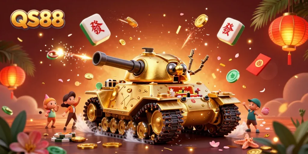 Engage with QS88's dynamic gambling experience, featuring a golden beetle tank casino, confetti, and vibrant game elements.