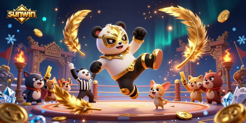 Experience exhilarating gameplay at sunwin with a dynamic kick from a wrestler panda amidst a vibrant casino scene.