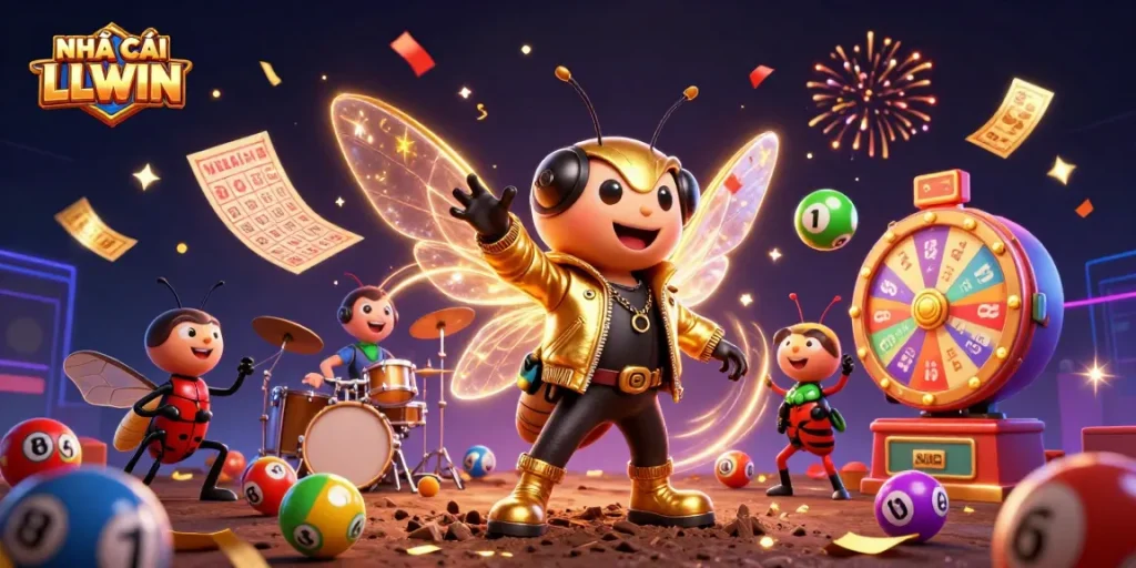 Play exciting games at NHÀ CÁI LLWIN with colorful lottery balls and festive elements enhancing the online casino experience.