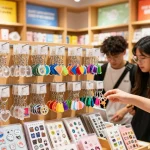 Custom keychains displayed in a vibrant retail setting with customers selecting unique designs.