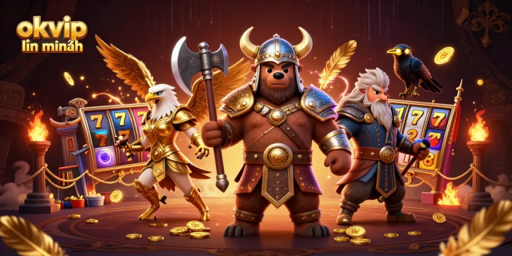 Experience the excitement of okvip liên minh with a vibrant 3D illustration highlighting a Viking bear, Valkyrie, and casino elements.
