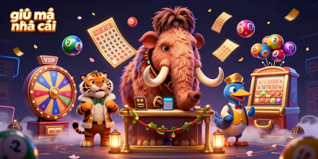 giải mã nhà cái showcases a lively casino scene with a woolly mammoth bouncer, saber-tooth guest, and lottery elements