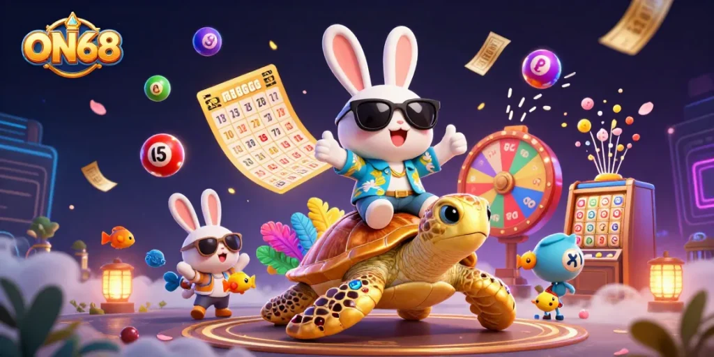 Experience ON68's vibrant lottery scene with a lucky rabbit and golden sea turtle in a colorful casino world.