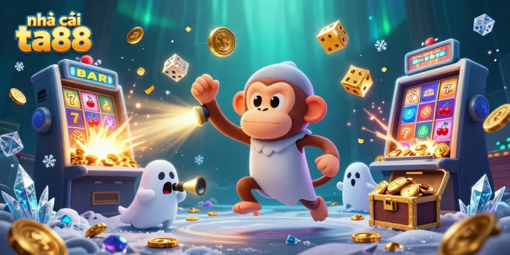 Engage with nhà cái ta88 featuring a playful ghost monkey and an inquisitive puppy in a vibrant casino scene.
