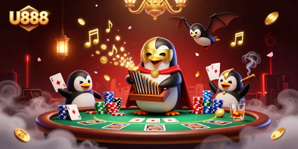 Engage with U888's thrilling casino experience as a penguin plays amidst vibrant poker elements.
