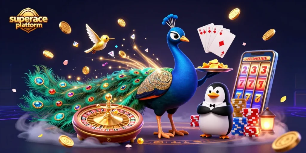 Experience thrilling wins with the superace platform, featuring vibrant casino imagery and engaging characters.