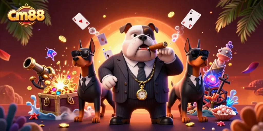 Win big at cm88 with an exciting scene featuring a mafia boss bulldog and dynamic casino elements.