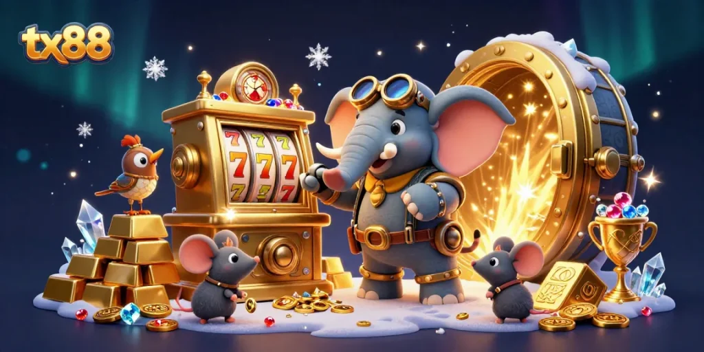 Experience excitement at tx88 with a lively steampunk scene featuring unique characters and slot gameplay elements.