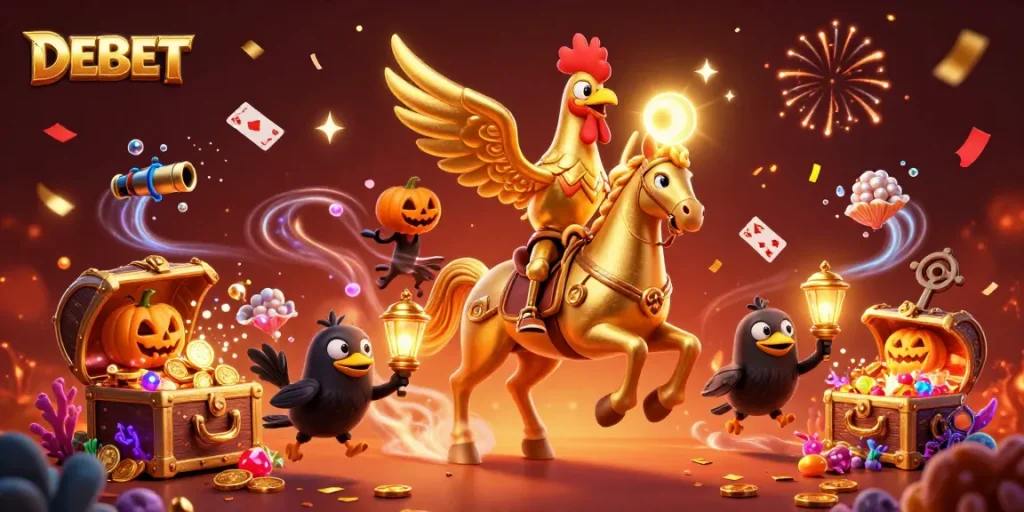 Experience the excitement of DEBET casino with vibrant characters and dynamic gaming elements.