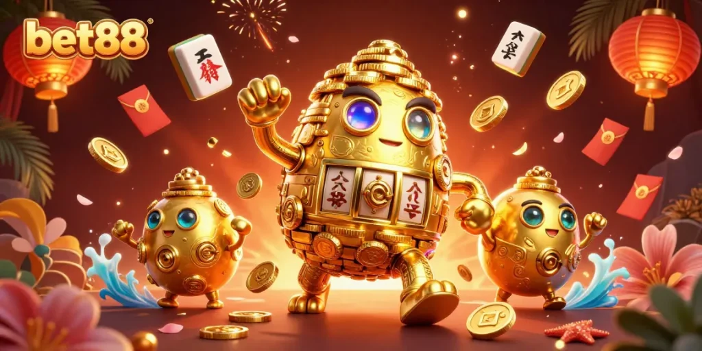 Experience the excitement of bet88 with a captivating golden golem and vibrant casino elements.